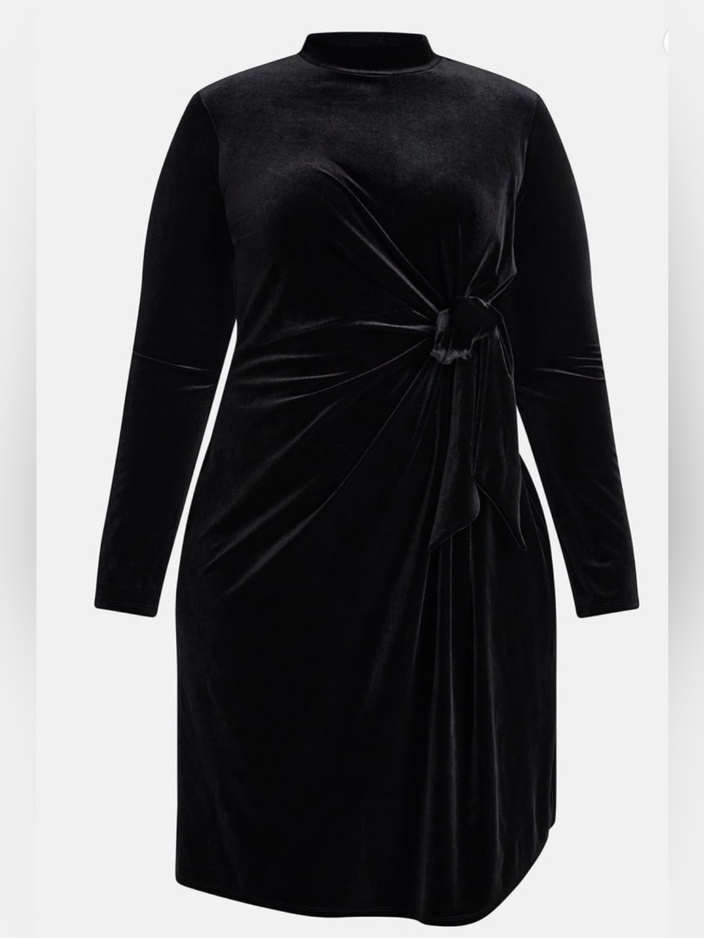 Black Velvet Knot-Front Long Sleeve Dress